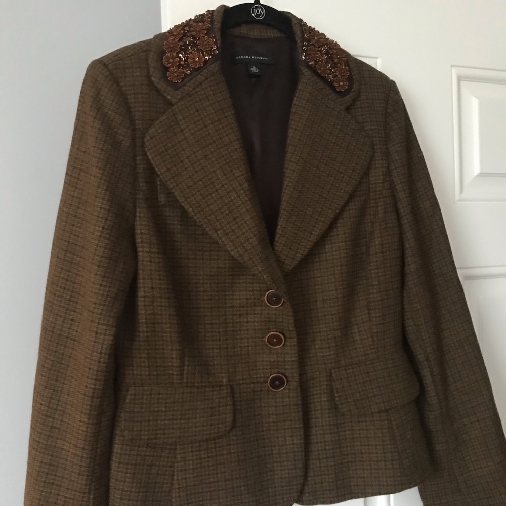 Banana Republic Brown Plaid Blazer with Sequin Collar